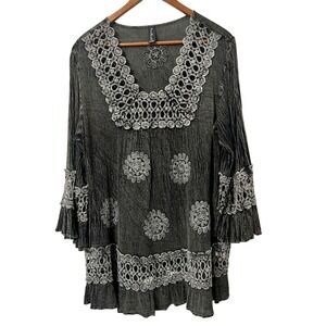 Sacred Threads Tunic Top Black Grey Crinkle Embroidered Lace Bell Sleeve‎ Boho